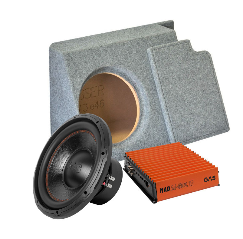 Produkten inkluderar en högtalarlåda, en subwoofer och en förstärkare.