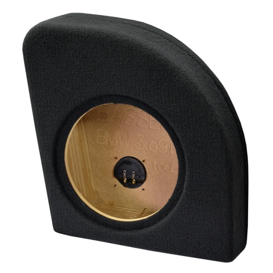 Subwooferlåda för BMW E91, svart tygklädsel, rund öppning.