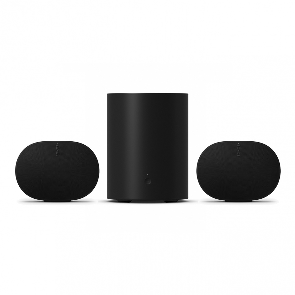 Ett svart högtalarpaket med två högtalare och en subwoofer.