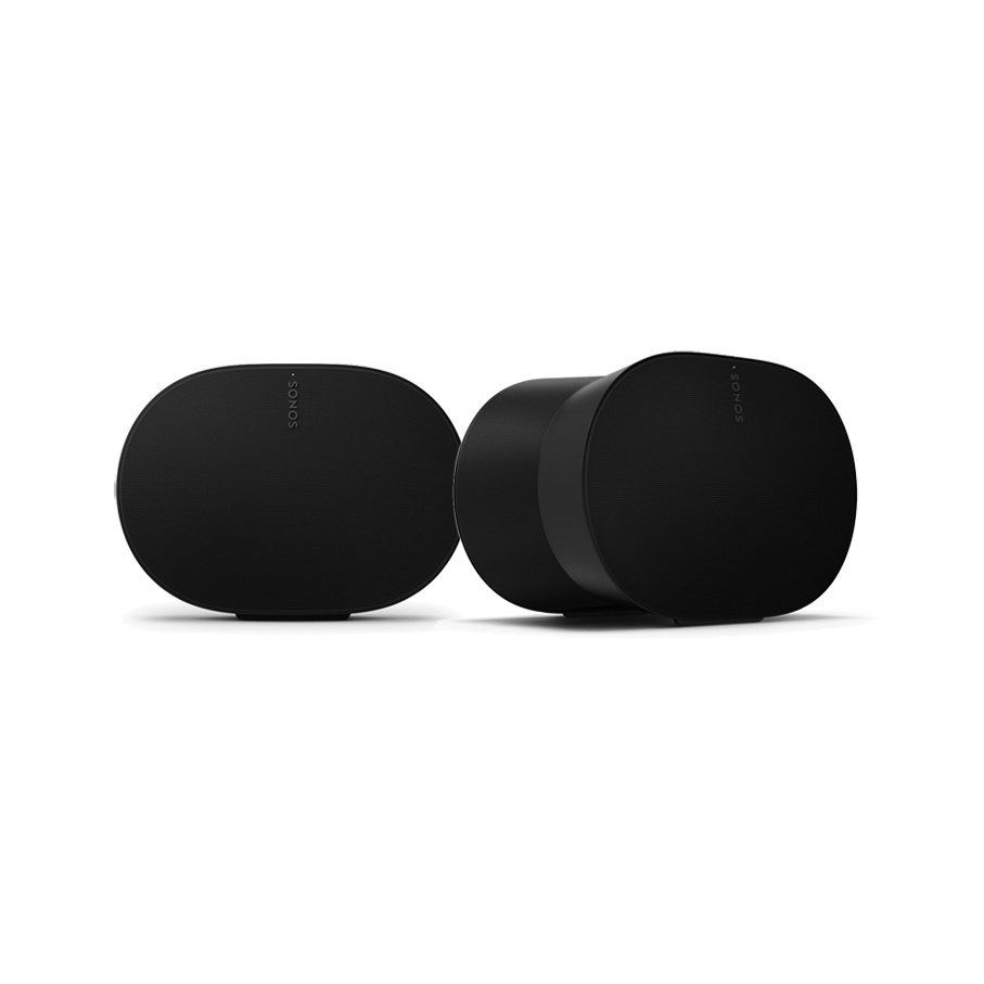 Två svarta smarta högtalare med rundad form.