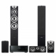 Yamaha RX-V4A & Dynavoice Magic F-7 EX 5.0 hemmabiopaket, svart Hemmabiopaket med svart förstärkare och högtalare i olika storlekar.
