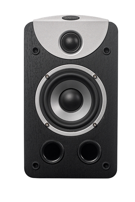 Ett högtalarelement i svart med silverdetaljer och två basportar.