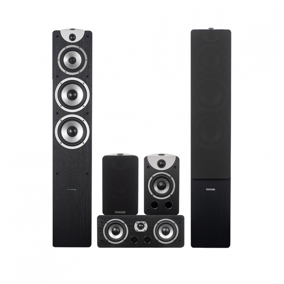 Högtalarpaket med flera enheter i svart, inklusive golvhögtalare och små högtalare.