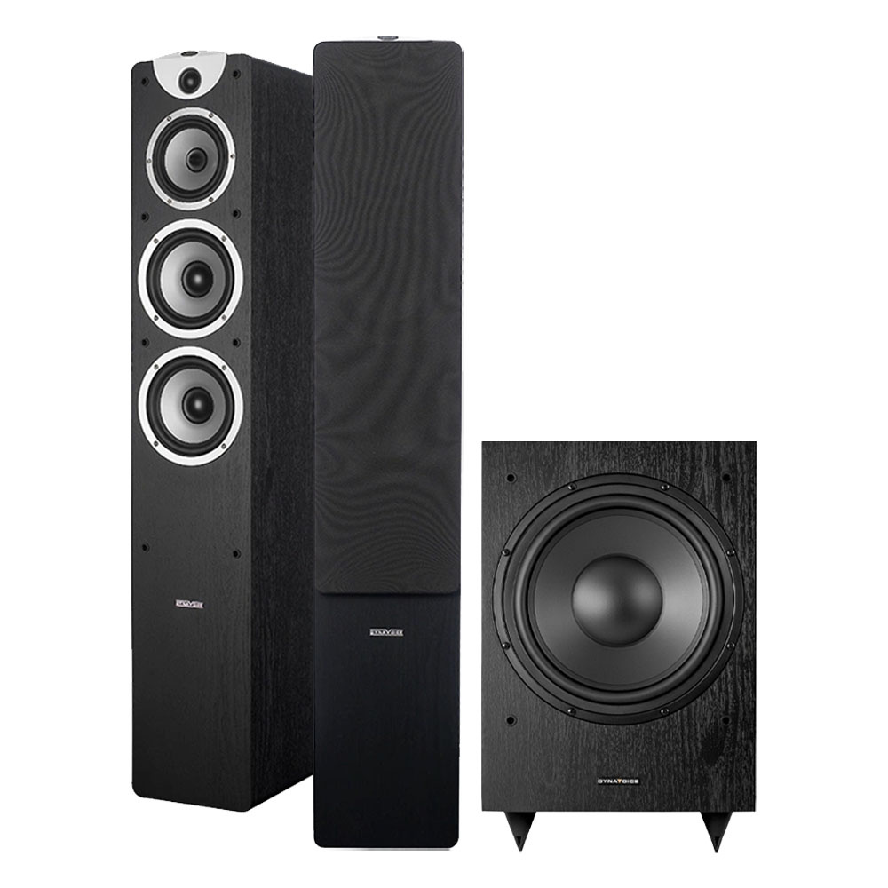 Högtalarpaket i svart med golvhögtalare och subwoofer.