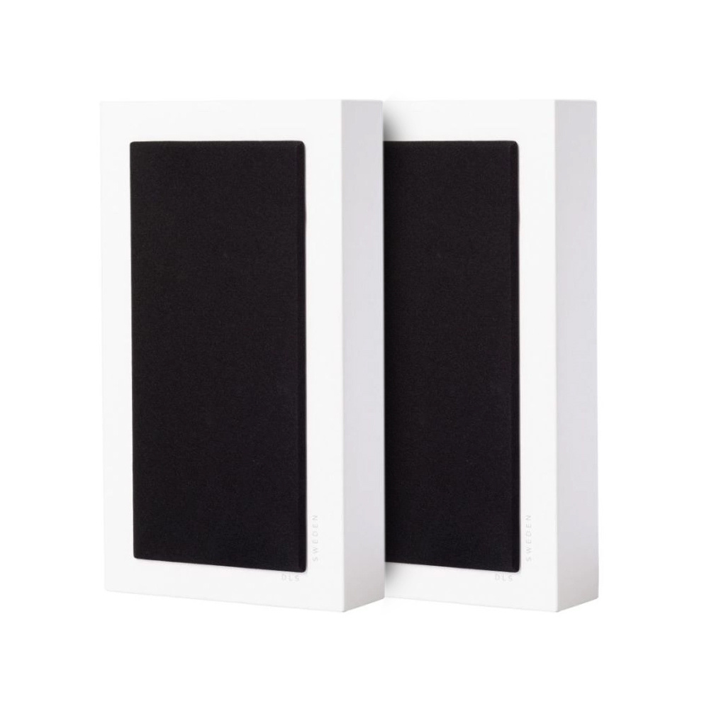 Två vita vägghögtalare med svart front.