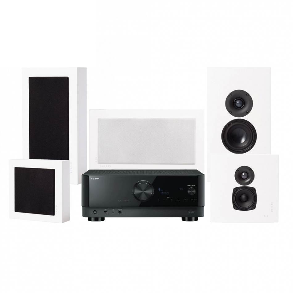 Ett vitt hemmabiopaket med förstärkare och högtalare.