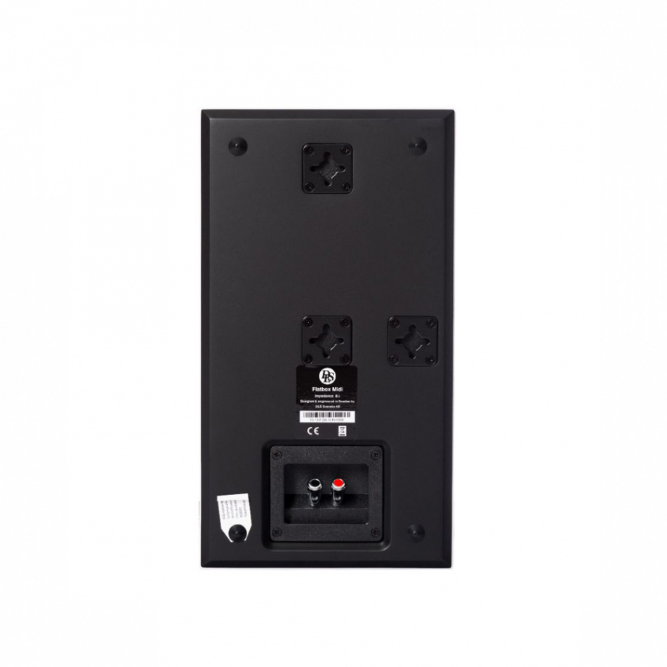 Högtalare baksidan med anslutningar och monteringsfästen.