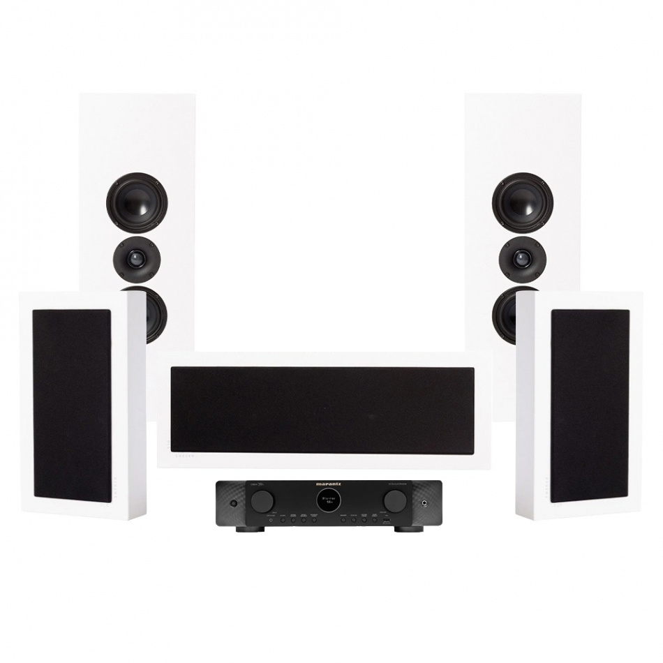 Hemmarbiopaket med vita högtalare och förstärkare från Marantz.