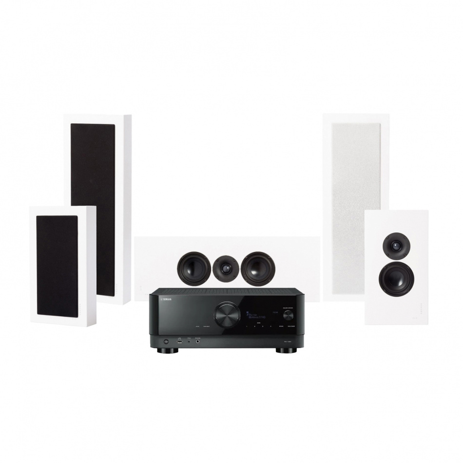 Hemmabiosystem med ljudanläggning och vita högtalare.