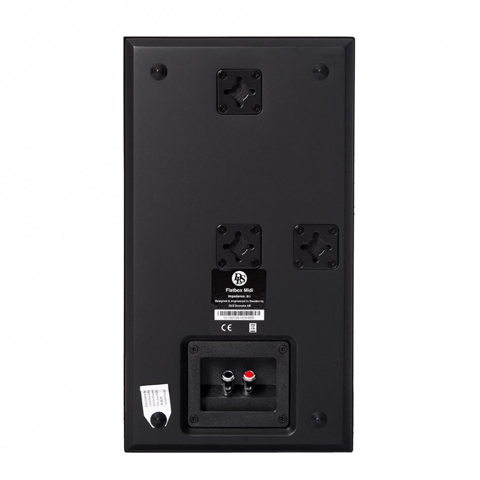 Svart bakpanel av en högtalare med anslutningsportar och monteringspunkter.