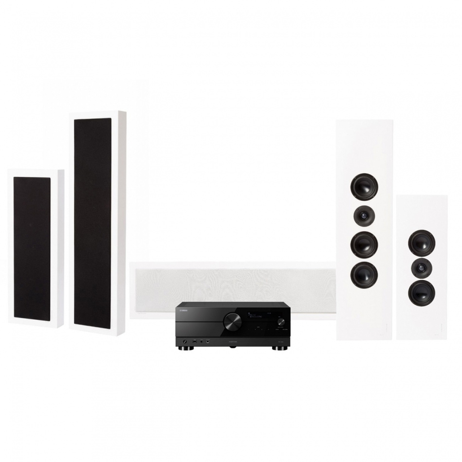 En svart receiver med vita högtalare i ett hemmabiopaket.