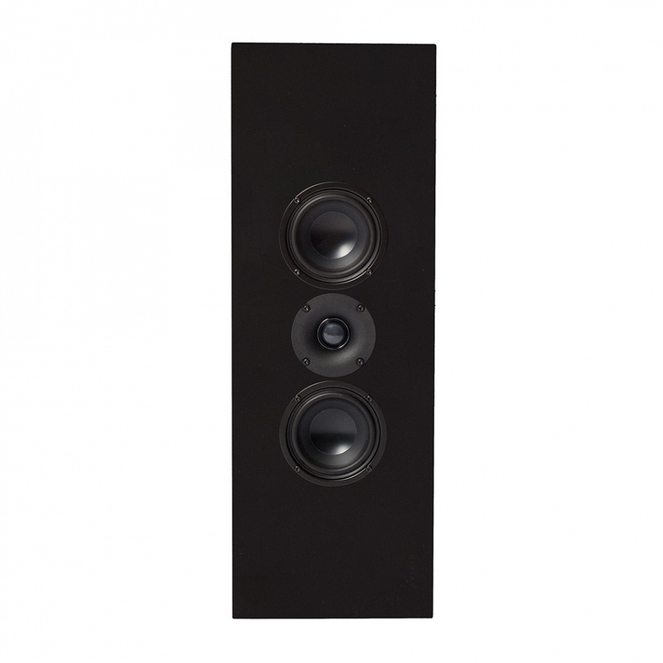 Svart högtalare med tre element för väggmontering.
