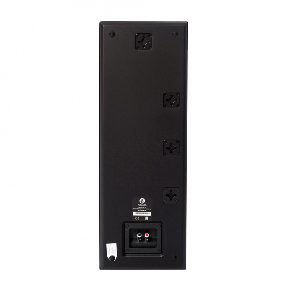 Svart högtalare med anslutningar och monteringsfästen på baksidan.