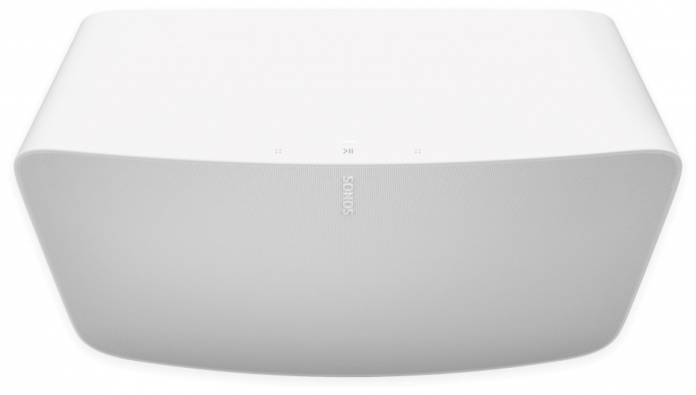 Två Vita Sonos Five Wi-Fi-högtalare med minimalistisk design.