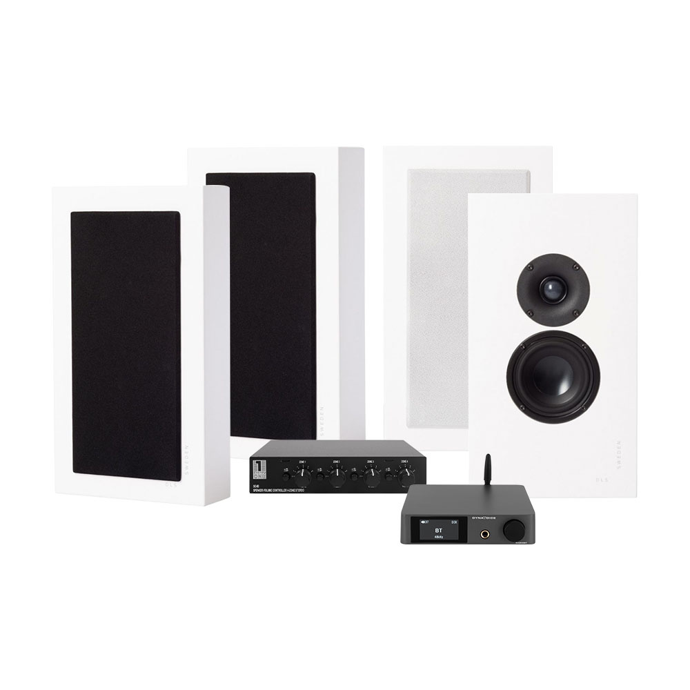 Högtalarsystem med svarta och vita element, inklusive mottagare och förstärkare.