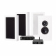 Dynavoice CA802BT, SC4B & 2 par mattvita DLS Flatbox Midi Högtalarsystem med svarta och vita element, inklusive mottagare och förstärkare.