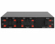 Dynavoice CA802BT, SC4B & 2 par mattvita DLS Flatbox Midi En svart förstärkare med flera anslutningar för högtalare och zoner.