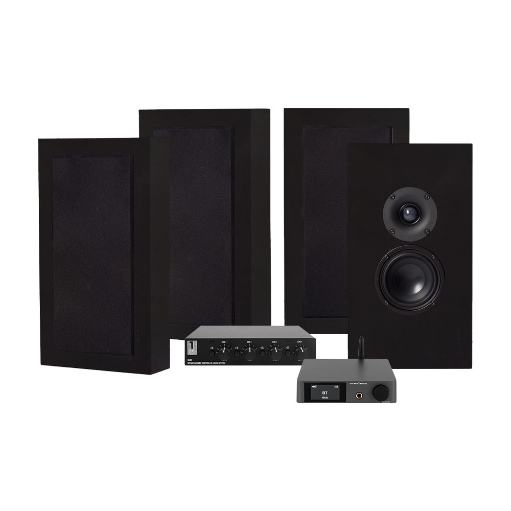 Högtalare och förstärkare i mattsvart design för ljudåtergivning.