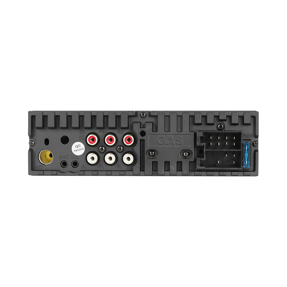 Baksidan av GAS MAX M140-BTX bilstereo med anslutningar och kontakter.