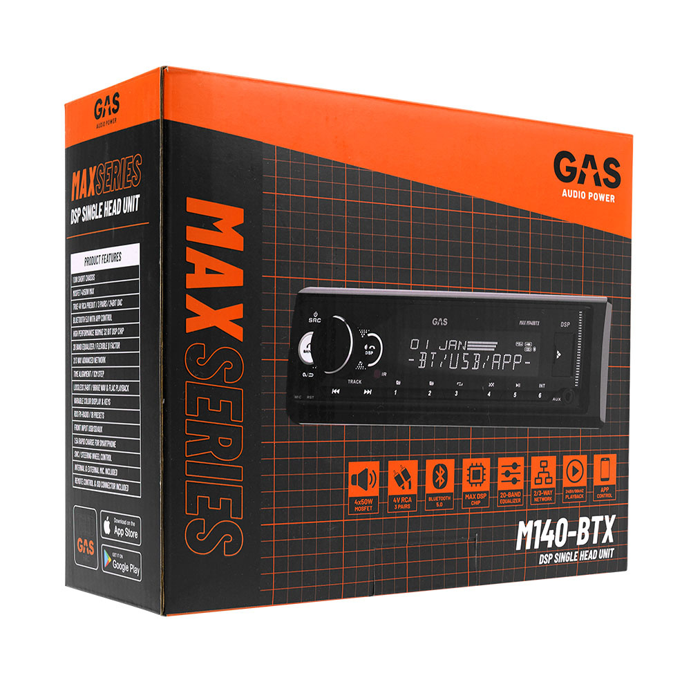 Bilstereo GAS MAX M140-BTX för Ford, med USB och app-funktioner.