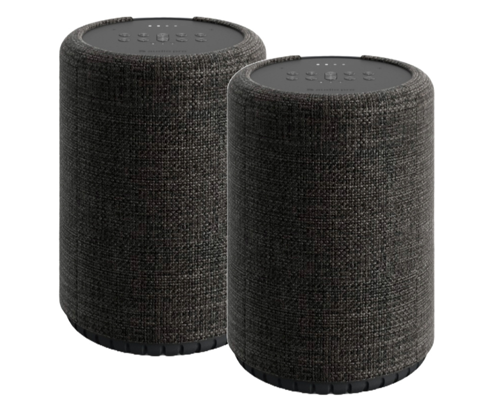 Två mörkgrå, cylindriska smarthögtalare med textilöverdrag.
