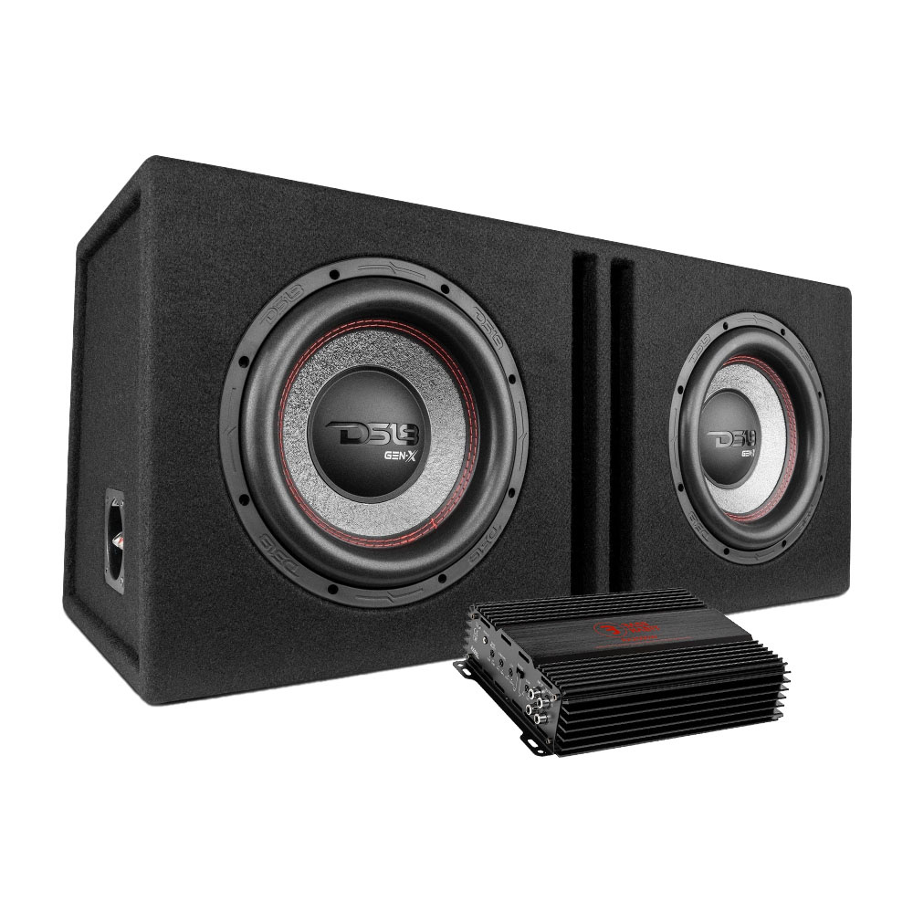 Två subwoofers i låda med en förstärkare, svart design.