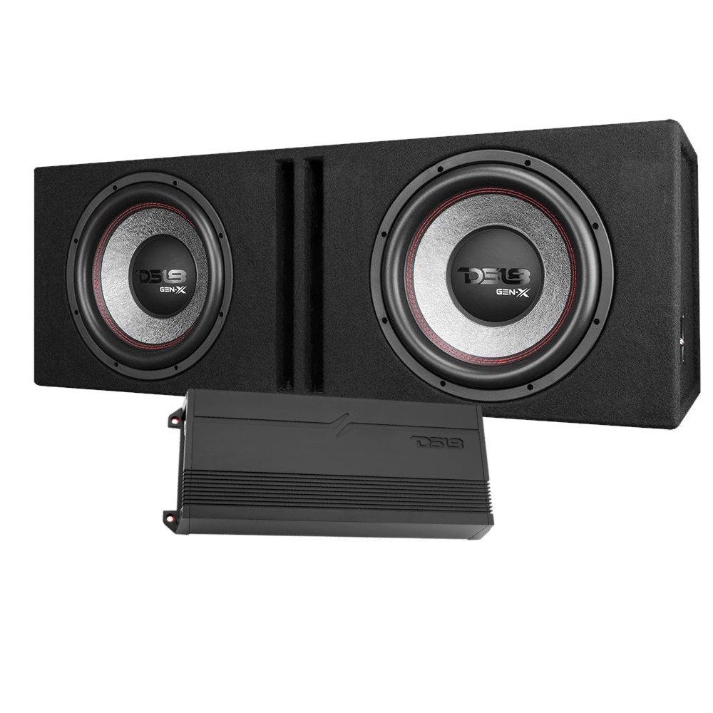 Baslåda med två subwoofers och en förstärkare.