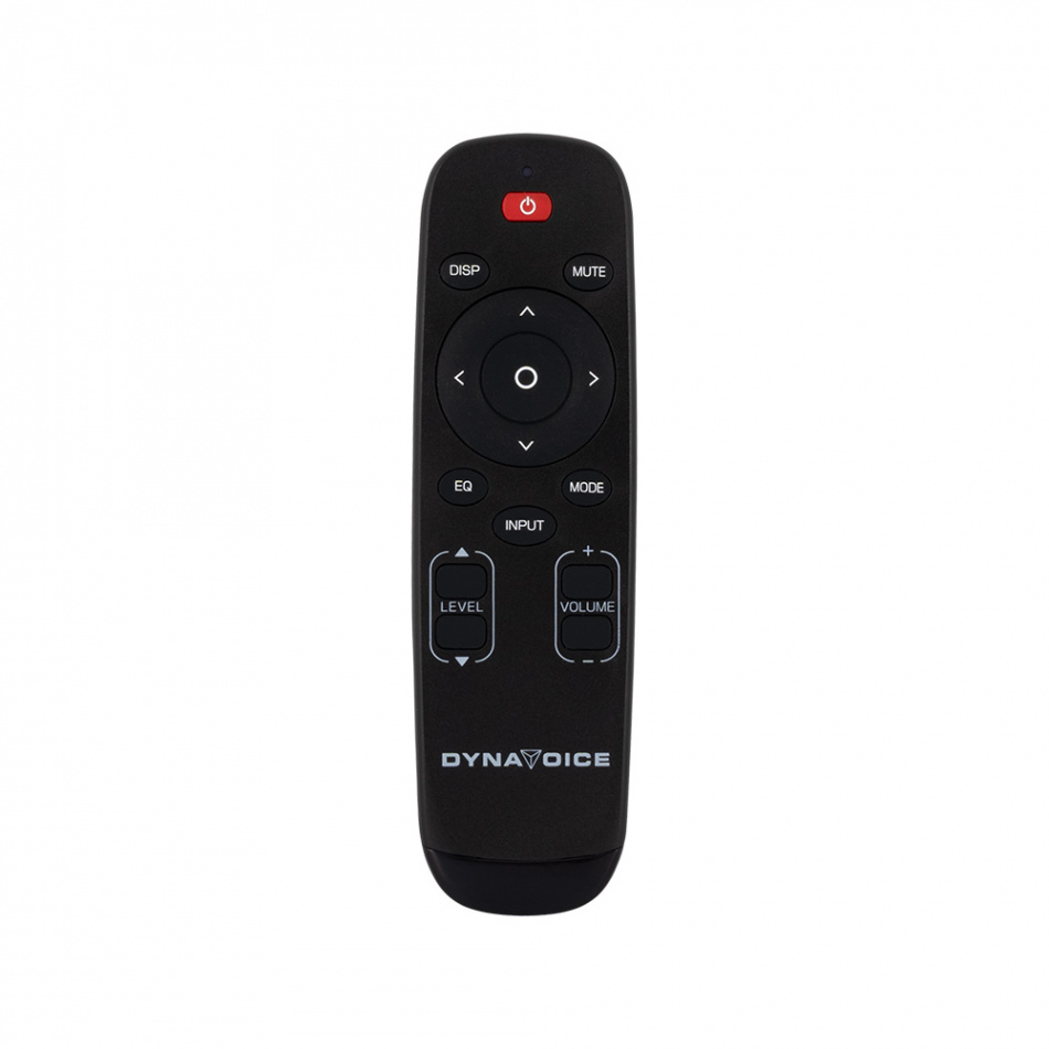 Fjärrkontroll med knappar för volym, EQ och olika inställningar.