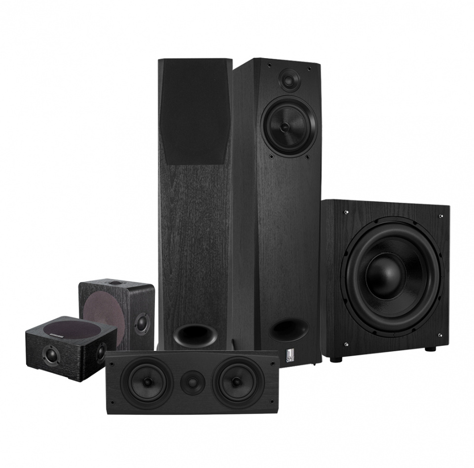 Ett svart högtalarpaket med flera enheter för surroundljud.