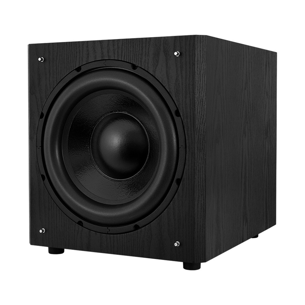 Svart subwoofer med en stor basenhet, robust design för hemmabioljud.