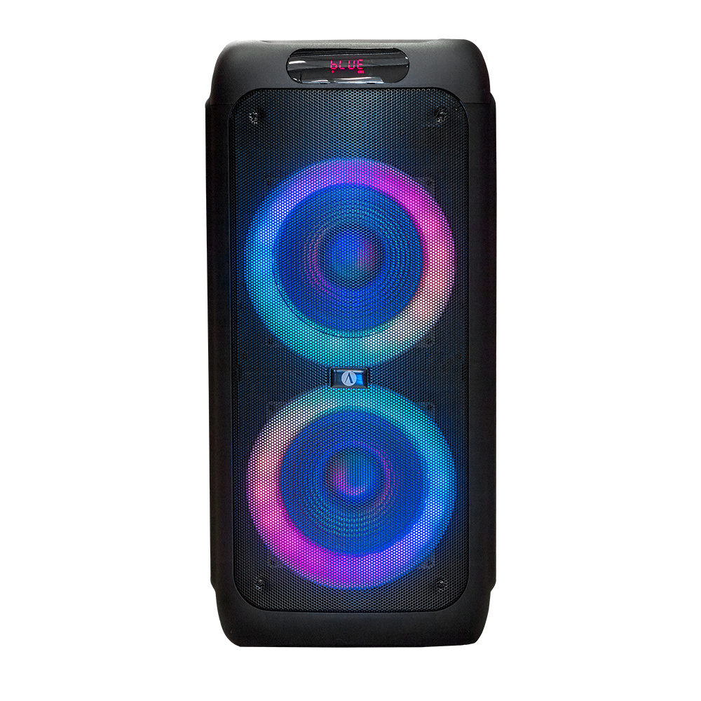 Partyhögtalare med RGB-lampor, trådlös mikrofon och Bluetooth-funktion.