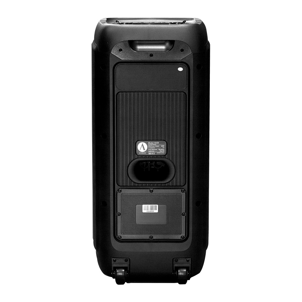 En svart partyhögtalare med hjul och trådlös mikrofon.