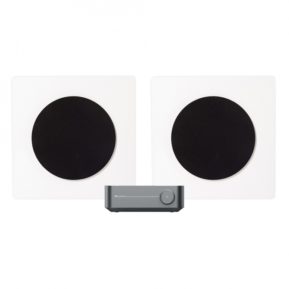 WiiM Amp med DLS Flatbox D-One, 2.0 stereopaket i vitt