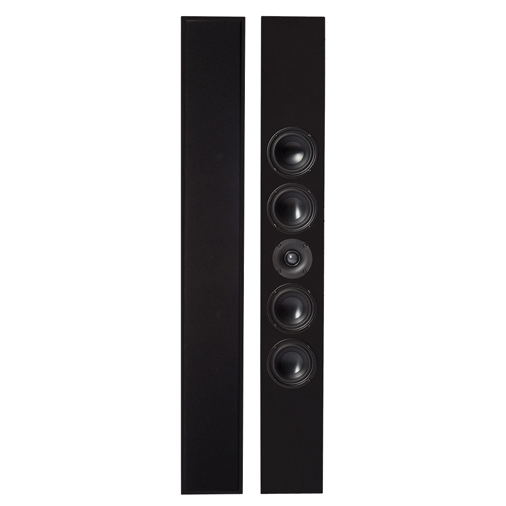 Högtalare med smal, mattsvart design och fyra enheter på varje sida.