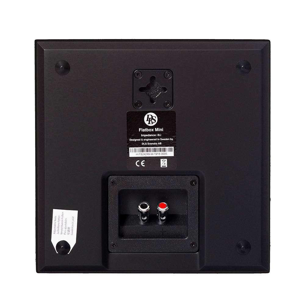 Högtalare bakpanel med anslutningar och monteringspunkt. Mattsvart färg.