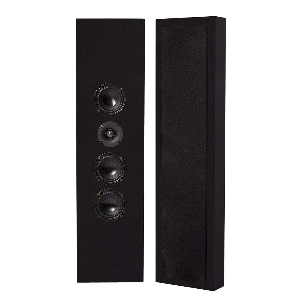Two tall, matte black wall-mounted speakers with multiple drivers.