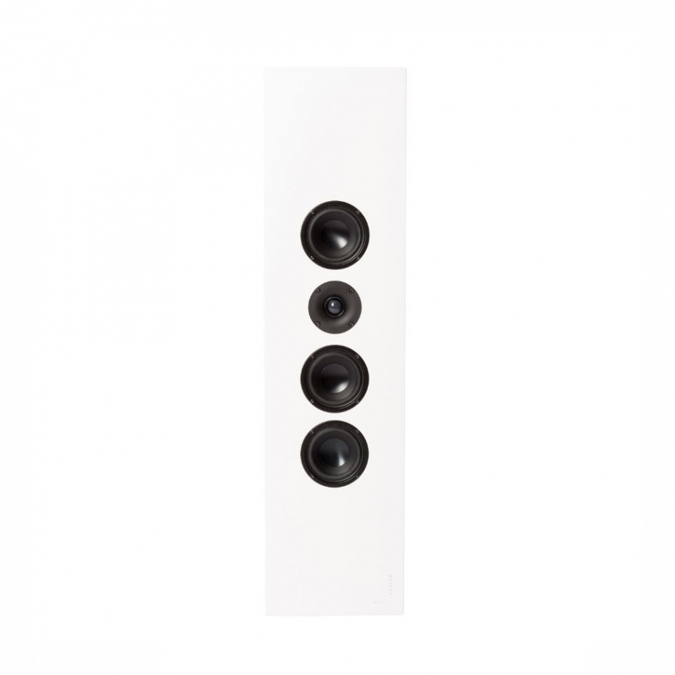 Vita, väggmonterade högtalare med tre svart element.