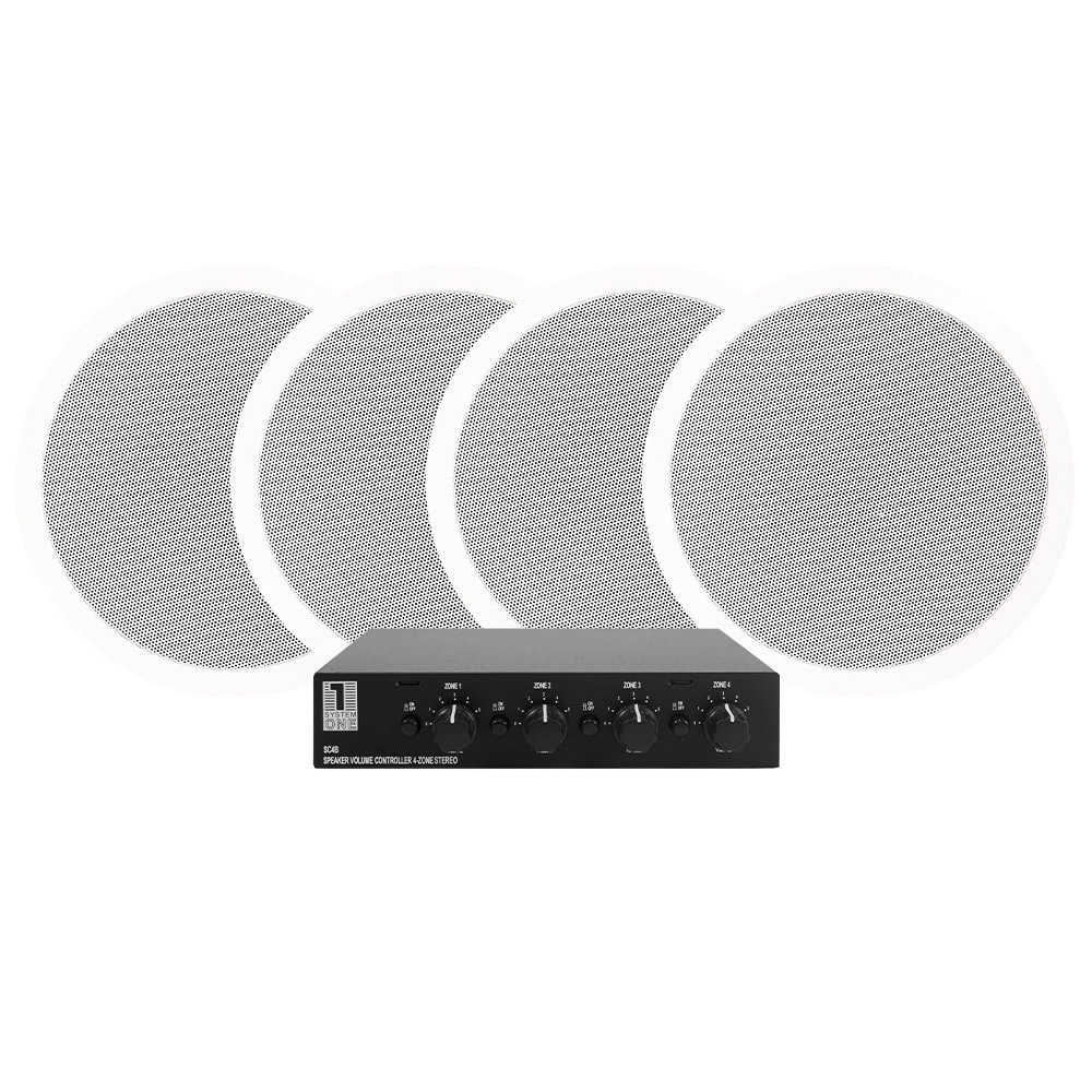 Två par inbyggnadshögtalare med grå nätfront och en svart kontroller för ljud.