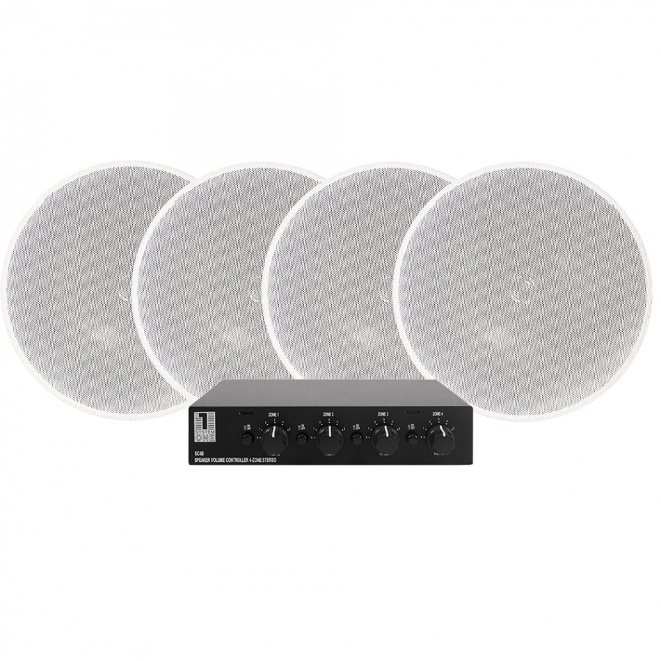 Högtalarväxel med fyra inbyggda högtalare och regleringskontroller.