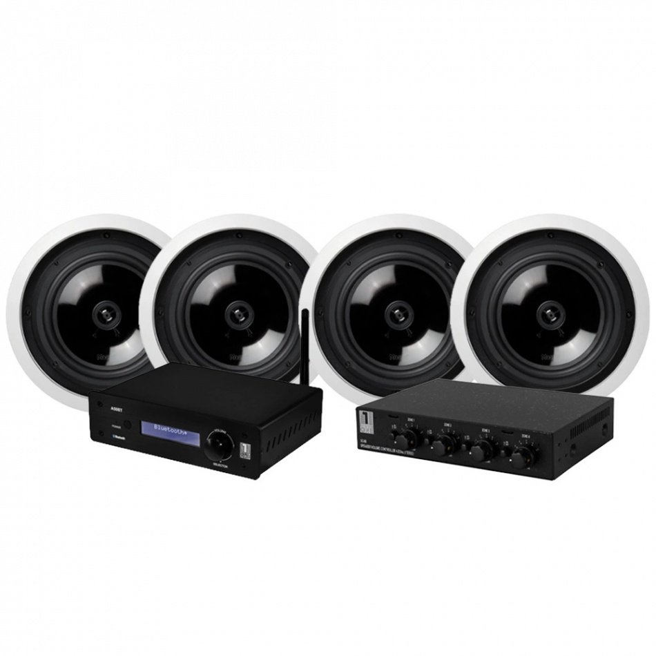 En ljudanläggning med förstärkare och fyra takhögtalare.