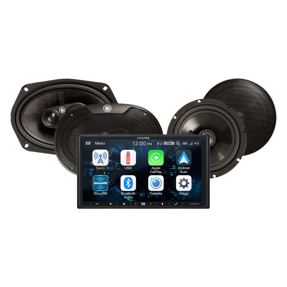 Bild på bilstereopaket med skärm och högtalare.