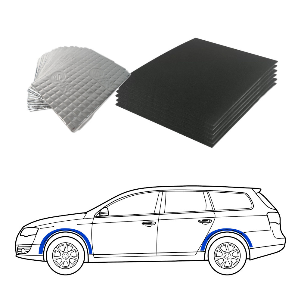 Ljudisoleringsmaterial för kombi, fokuserar på hjulhus.