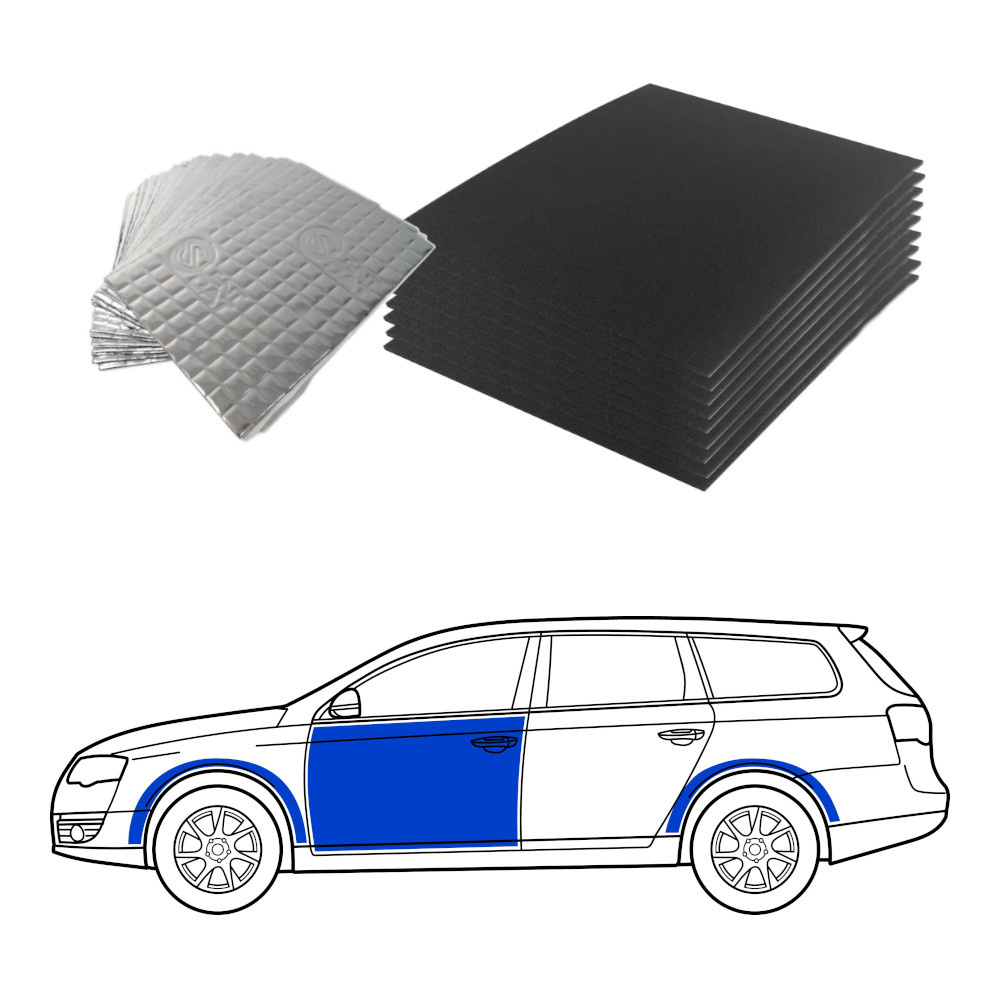 Ljudisoleringsmaterial för kombibilar, inklusive skum och dämpande plattor.