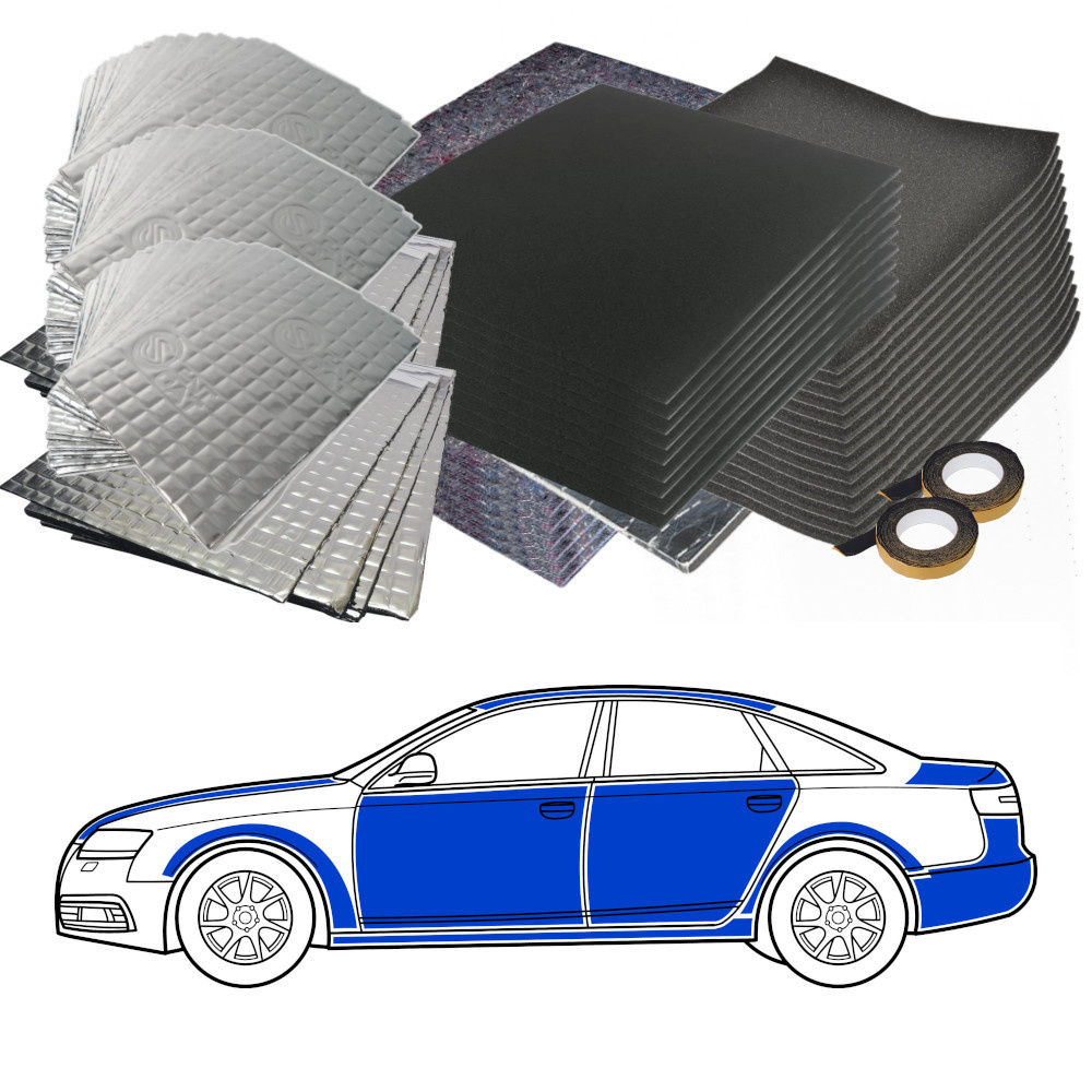 Ljudisoleringsmaterial för sedan, inklusive olika skum och självhäftande plattor.