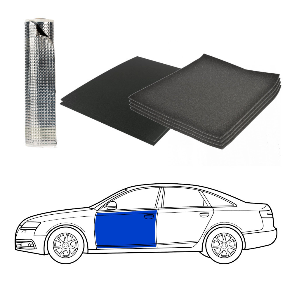 Ljudisoleringsmaterial för framdörrar på en bil, inklusive skum och reflektor.