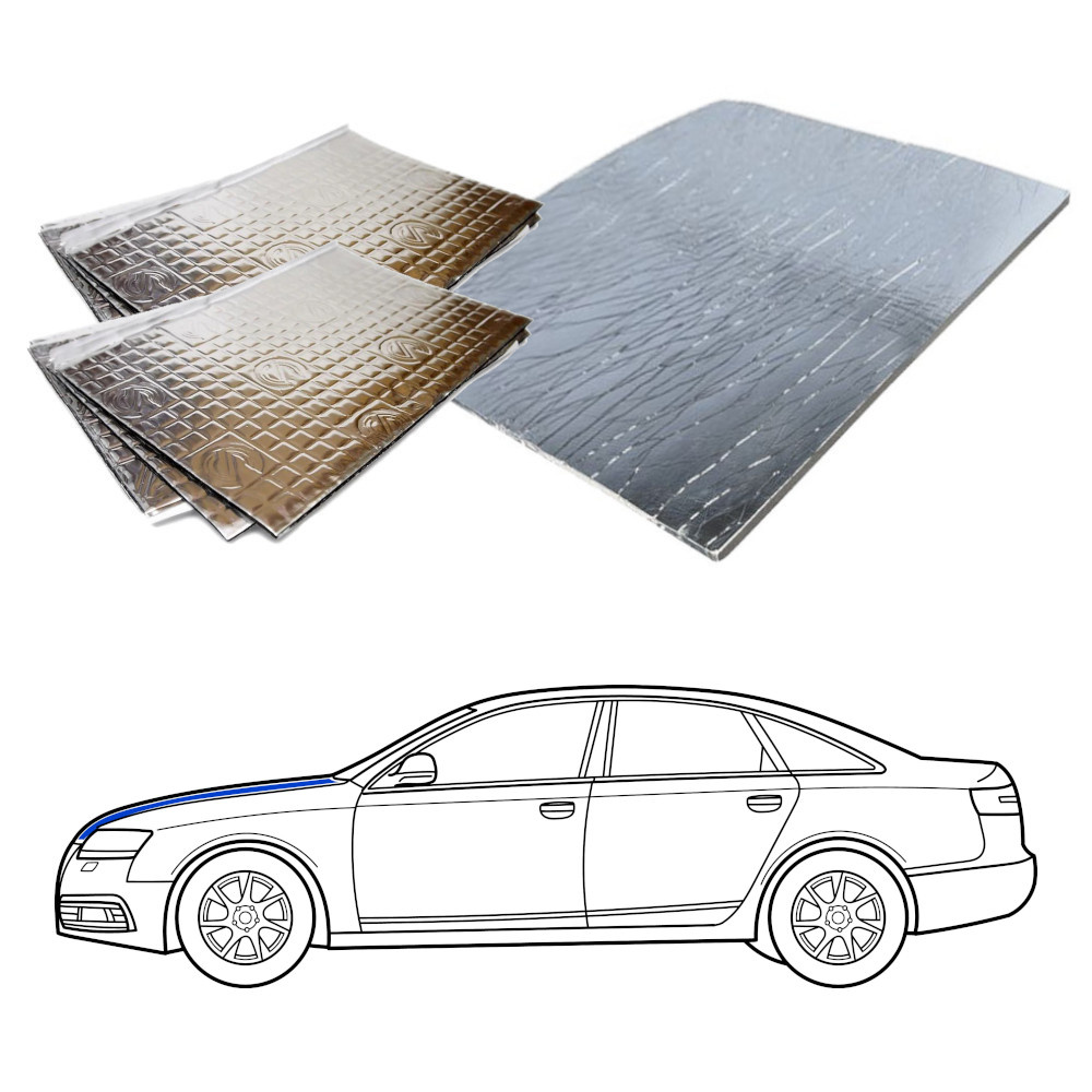 Ljudisoleringsmaterial för motorhuv till sedan, inklusive plattor.
