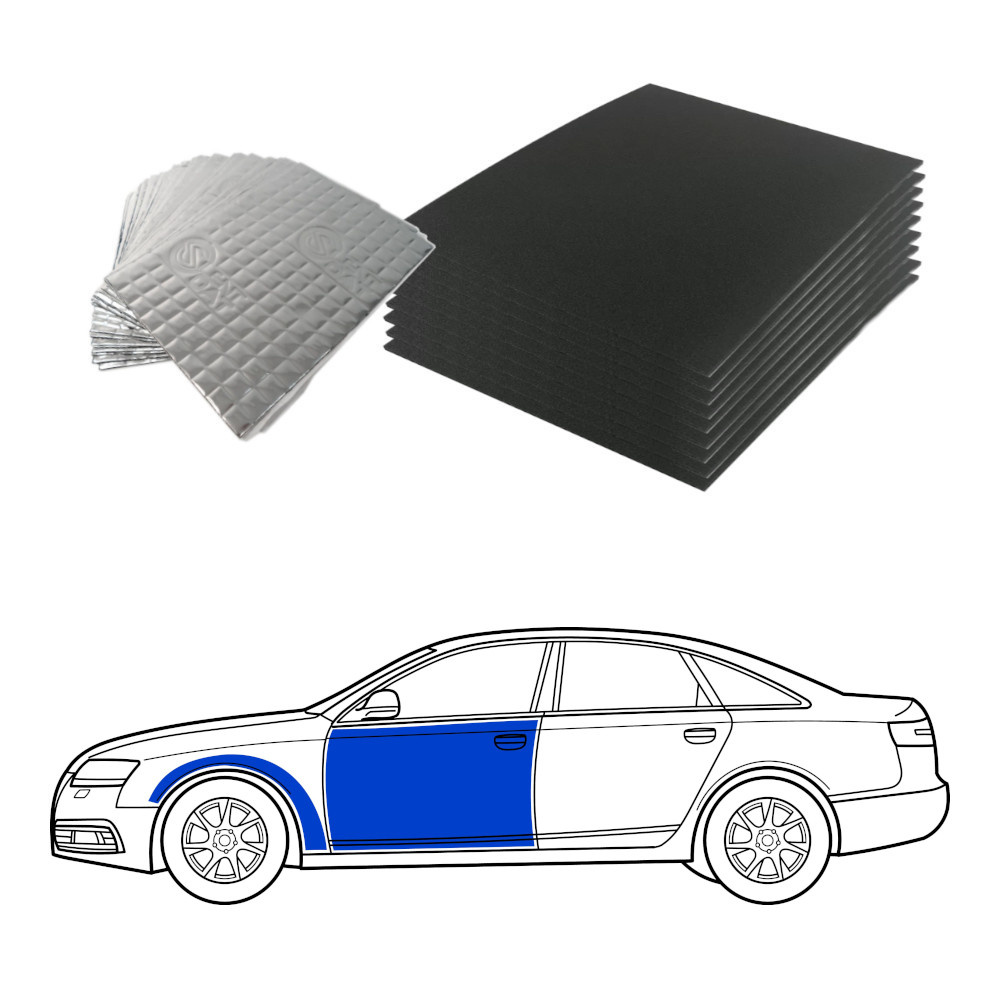 Ljudisoleringsmaterial för sedan, inklusive skum och dämpande paneler.