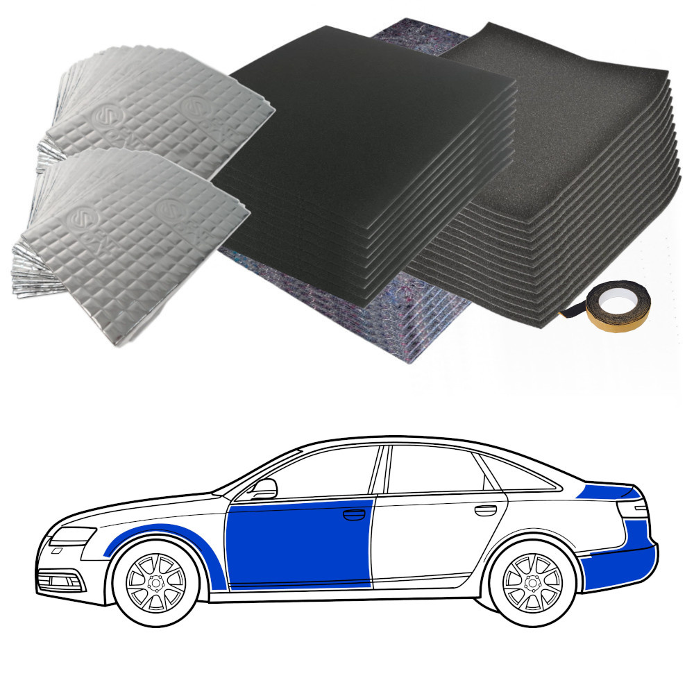 Ljudisoleringsmaterial och en skiss av en bil i två färger.