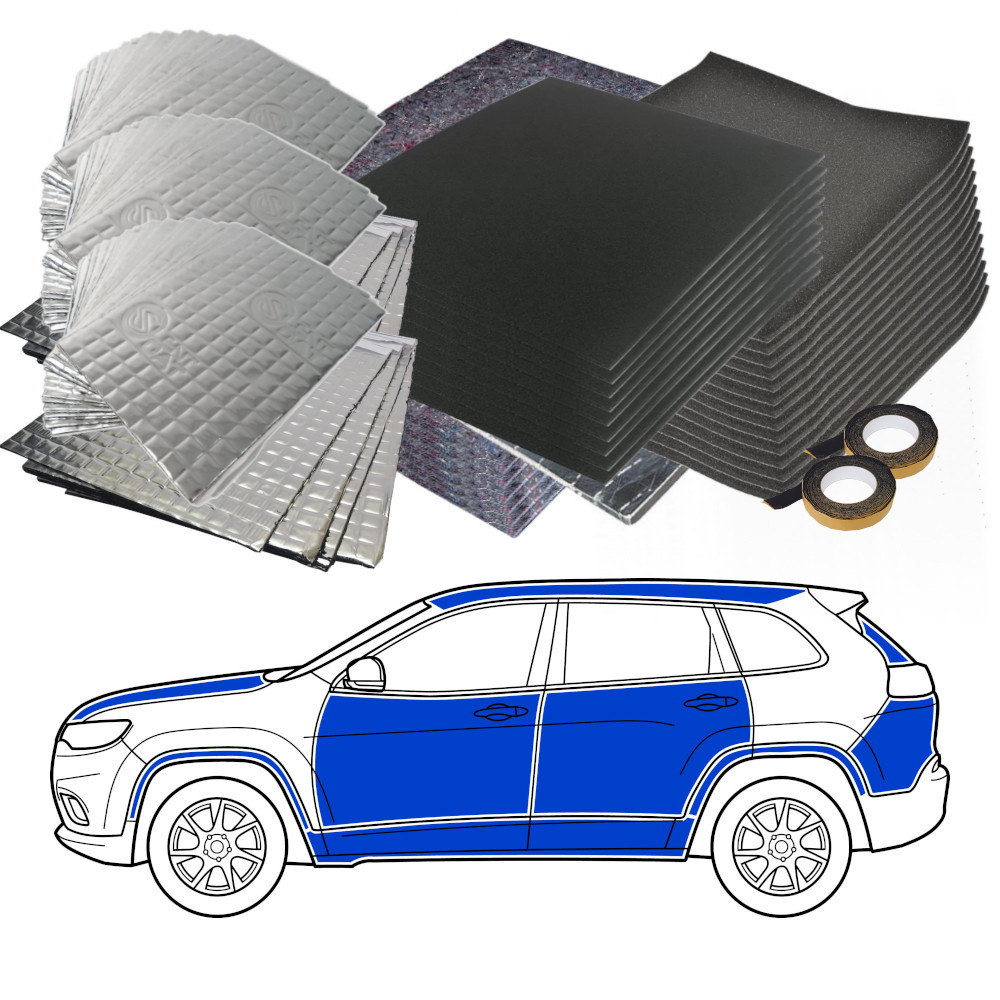 Ljudisoleringsmaterial för SUV, inklusive skum, plattor och tejp.