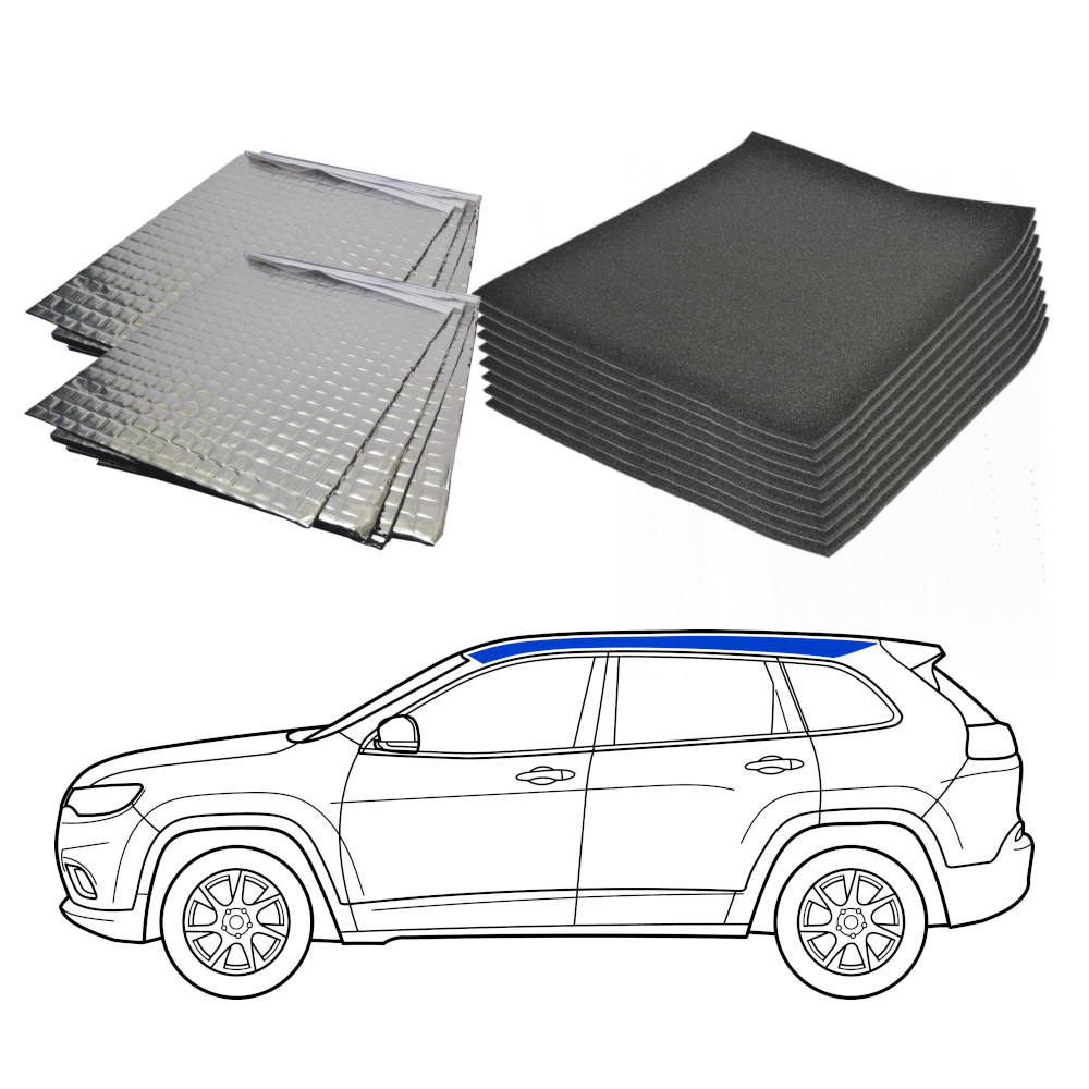 Ljudisoleringsmaterial för SUV-tak, inklusive skumplattor och reflekterande folie.